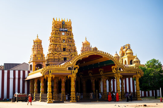 A vibrant view of the Nallur Kandaswamy Kovil, a historic Hindu temple located in Jaffna, Sri Lanka. This iconic Dravidian-style temple is a spiritual and cultural landmark, adorned with intricate car