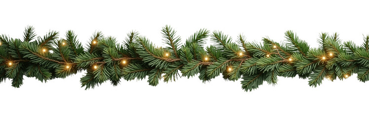 Pine Garland with Lights, Transparent Background, Holiday Decor Element.