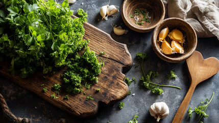Overhead view of fresh parsley on rustic wooden board, with garlic cloves and bowls nearby, showcasing a culinary or cooking concept, ideal for recipe blogs or food websites
