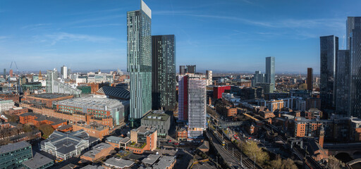 Aerial view of Manchester, UK, showcasing Beetham Tower, the Manchester Central Convention Complex,...