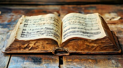 Obraz premium Antique open music book on a rustic wooden table.