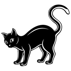 Fototapeta premium A black cat arching its back, vector silhouette on a white background