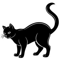 Obraz premium A black cat arching its back, vector silhouette on a white background