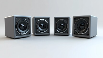 Four identical compact speakers lined up in a row