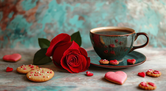 Natureza morta com x&iacute;cara de caf&eacute; com rosas vermelhas e biscoitos de dia dos namorados em superf&iacute;cie pastel suave