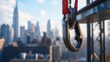 Naklejka premium Tower crane rigging specialist attaching steel beams to a hook. Featuring strength and safety