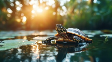 A beautiful close-up of a tortoise resting at the water's surface under golden sunlight, displaying the intricate patterns on its shell and representing peace and serenity.