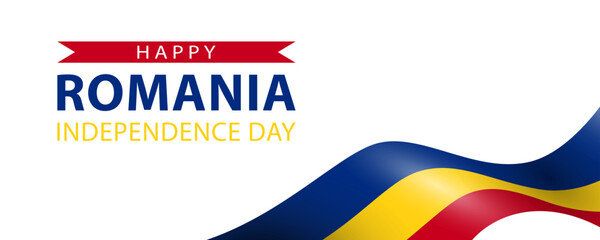 Romania Independence Day, simple minimalist web banner design. Text Happy Romania Independence Day and Romanian flag on white background.