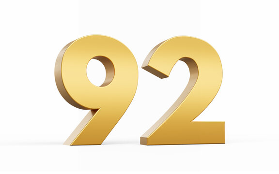 3D Golden number 92 Ninety two isolated on white background, 3d illustration