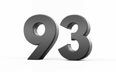 Sleek metallic Black number 93 Ninety three standing on a white background, 3d illustration