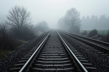 Obraz premium Great depression concept. Misty railway tracks vanish into the fog, framed by ghostly trees in a serene landscape.