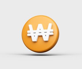 3D Orange coin with a white Won symbol, representing Korean currency and finance, 3d illustration