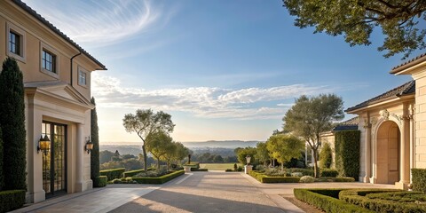 Obraz premium A serene estate's grand entrance reveals a breathtaking sunrise view over rolling hills, bathed in warm, golden light.