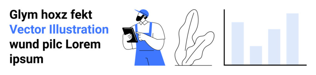 Worker in overalls holding tablet, analyzing data next to leafy plant illustration and bar chart. Ideal for analytics, business, industry, teamwork, growth, presentation, and simple landing page