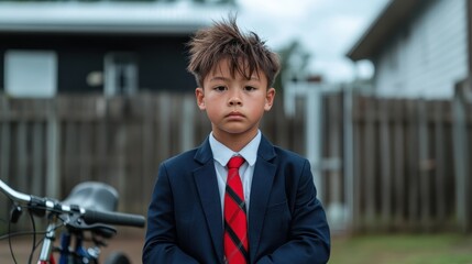 A young boy dressed formally in a suit striking a serious pose against a wooden fence, reflecting a mix of innocence and maturity in his expression, evoking curiosity.