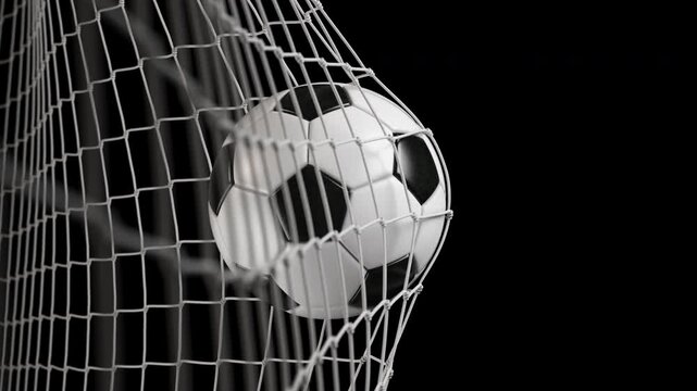 Soccer football ball hits net. Isolated slow motion with alpha channel. 3d animation