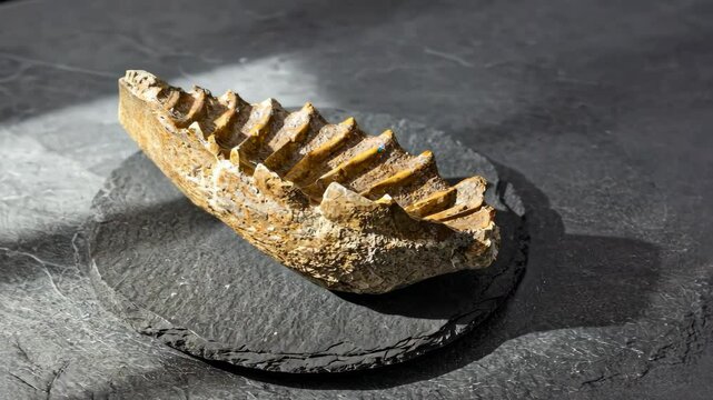 Ancient fossilized jawbone rests upon dark slate surface, showcasing detailed teeth structure and texture with geological time preserved
