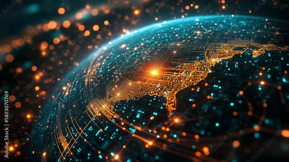 Poster visualizing global data network with glowing connections and digital earth