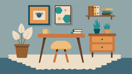 A small study area with a wooden desk a sheepskin rug and a Scandinavianinspired print on the wall.