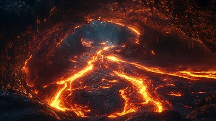 Flowing Lava in Dark Cave Landscape