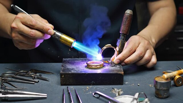 Goldsmith working on golden jewelry, soldering rings using gas burner and other tools on a workbench, jewelry making process