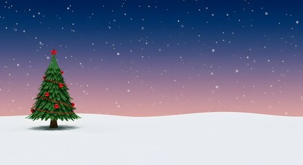 Winter landscape featuring a decorated Christmas tree under a starry night sky with falling snowflakes in a serene snowy setting Generative AI