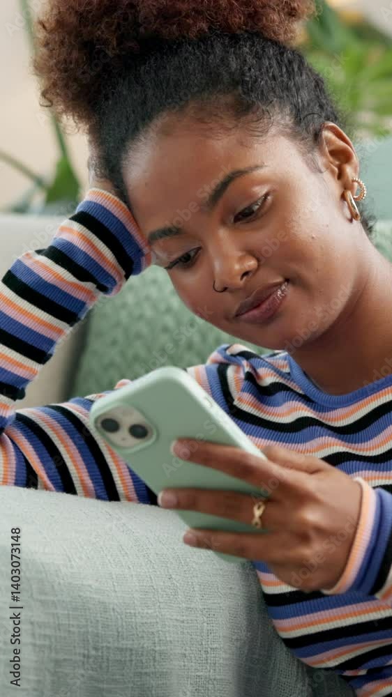 Leinwandbilder phone, relax and thinking with woman on sofa in living room of home for app or social media browsing
