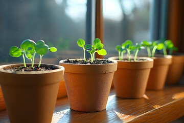 Potted plants on windowsill growing sprouts