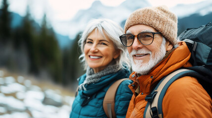 Fototapeta premium Unexpected joy of adventure filled moments shared by a cheerful senior couple exploring mountain trails together