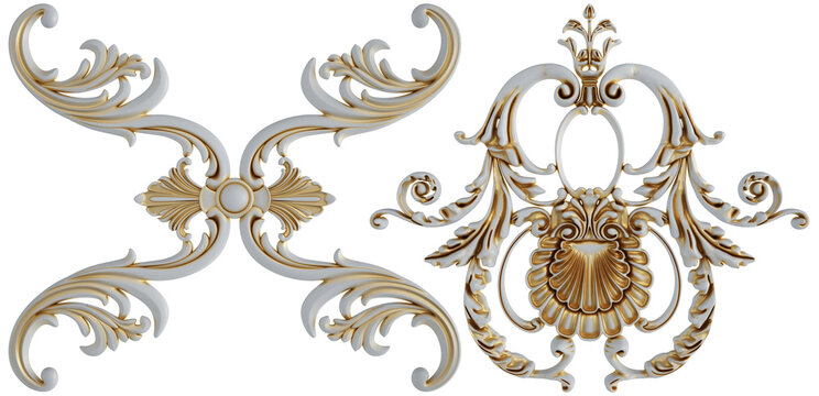 Gold patina ornament on transparent background, cut out, 3D render
