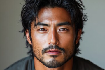 Obraz premium Portrait of handsome man with dark hair and beard looking directly at the viewer