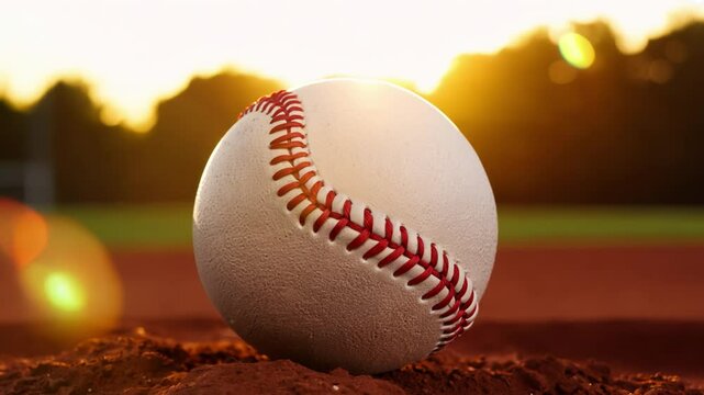 Baseball rests on pitcher's mound during golden hour