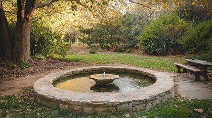 A peaceful garden scene with fountain and rustic picnic table