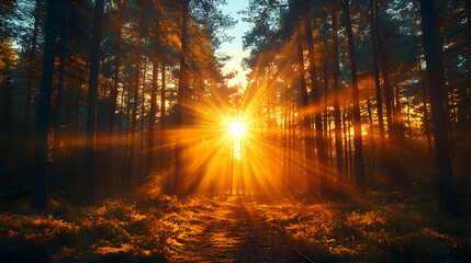 Fototapeta premium Sunburst through trees forest landscape