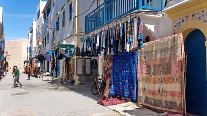 Colorful textiles for sale in a shop in the medina in Essaouira, Morocco