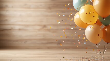 A lively cluster of colorful balloons alongside confetti creates a festive atmosphere, ideal for celebrations and conveying happiness and joyful moments shared with loved ones.