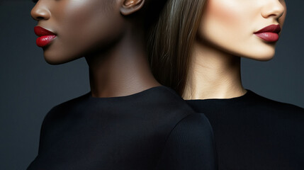 Two women showcase diverse beauty wearing matching black tops and red lipstick against neutral background