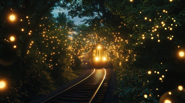 A train glides through a magical tunnel of twinkling lights at night.