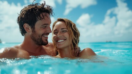 A couple embraces their love in the sparkling waters of a pool, smiling and enjoying the moment, surrounded by a stunning tropical setting that enhances their joyful experience.