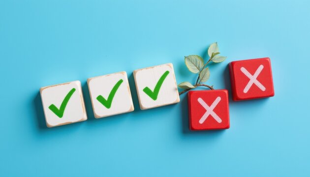 Evaluating success checkmarks and crossmarks on wooden blocks minimalist blue background conceptual visuals