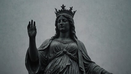 Fototapeta premium A statue of Fusonia, crowned with the first light of dawn and draped in veils of mist