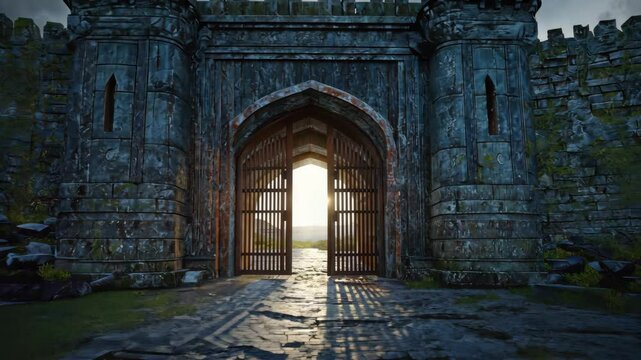Mysterious medieval stone castle entrance, open gate with light shining through, towers and walls surrounded by foliage and weathered stones