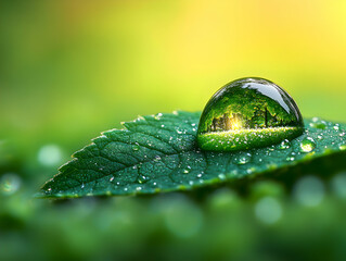 Water droplet on leaf reflecting greenery