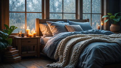 Cozy bedroom with candles and knitted blanket on a rainy morning