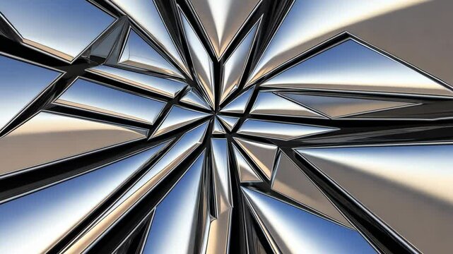 Abstract geometric metallic shards arranged radially, reflecting light and sky, creating a futuristic and modern symmetrical pattern