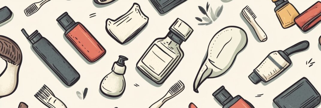Seamless pattern featuring beard icons, razors, and grooming bottles on a subtle muted background ideal for beard care themes