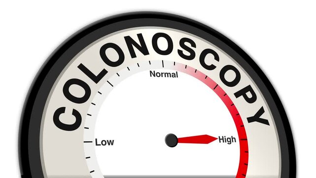 Colonoscopy text or word displayed with a barometer or tachometer-style gauge showing levels from low to normal to high, symbolizing the varying levels of colon health, risk detection, or severity