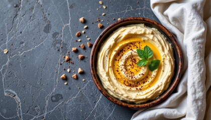 Delicious hummus dish with olive oil nuts and herbs kitchen food photography minimalist setting