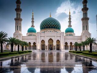 Naklejka premium Majestic Mosque with Turquoise Domes and Reflecting Pool