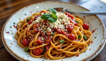 Delicious spaghetti with tomato sauce and basil cozy restaurant food photography indoor setting close-up view culinary delight